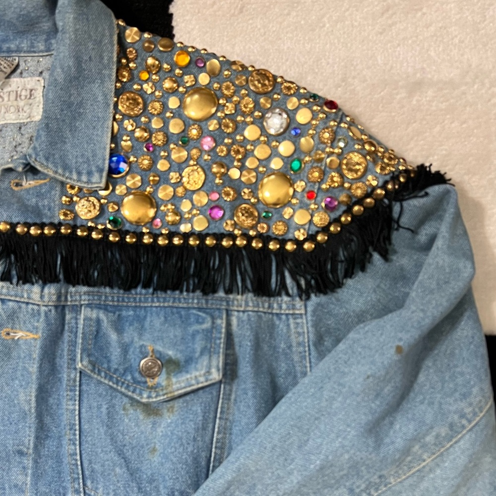 Vintage Embellished Denim Jacket with Fringe - Picture 2 of 6